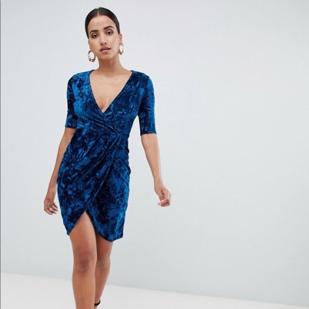 Blue velvet wrap front dress